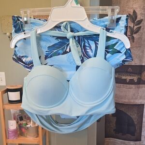 SHEIN Light Blue Padded Bikini Top with Tropical High-Waist Briefs